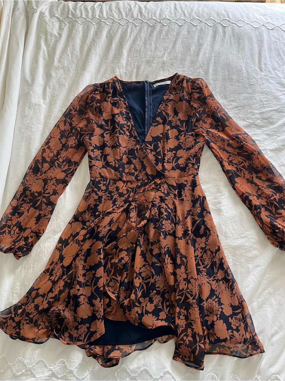 Floral Wrap Long-Sleeve Dress in Rust and Navy
